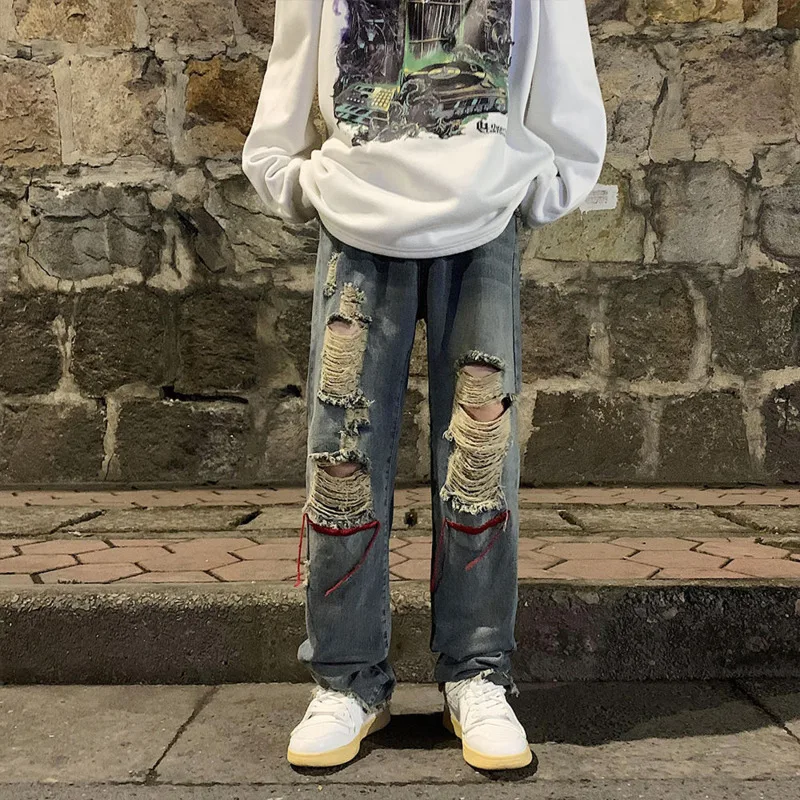 Embroidered Hole Jeans Men Fashion Retro Casual Wide Leg Jeans Men Streetwear Loose Hip Hop Ripped Straight Denim Pants Men