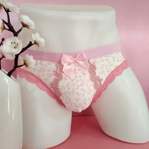 Kawaii BF мужские модальные треугольные брюки с принтом, удобные трусики со средней заниженной талией, трусы с бантом и бутоном цветка, кружевные трусы с краями FKK