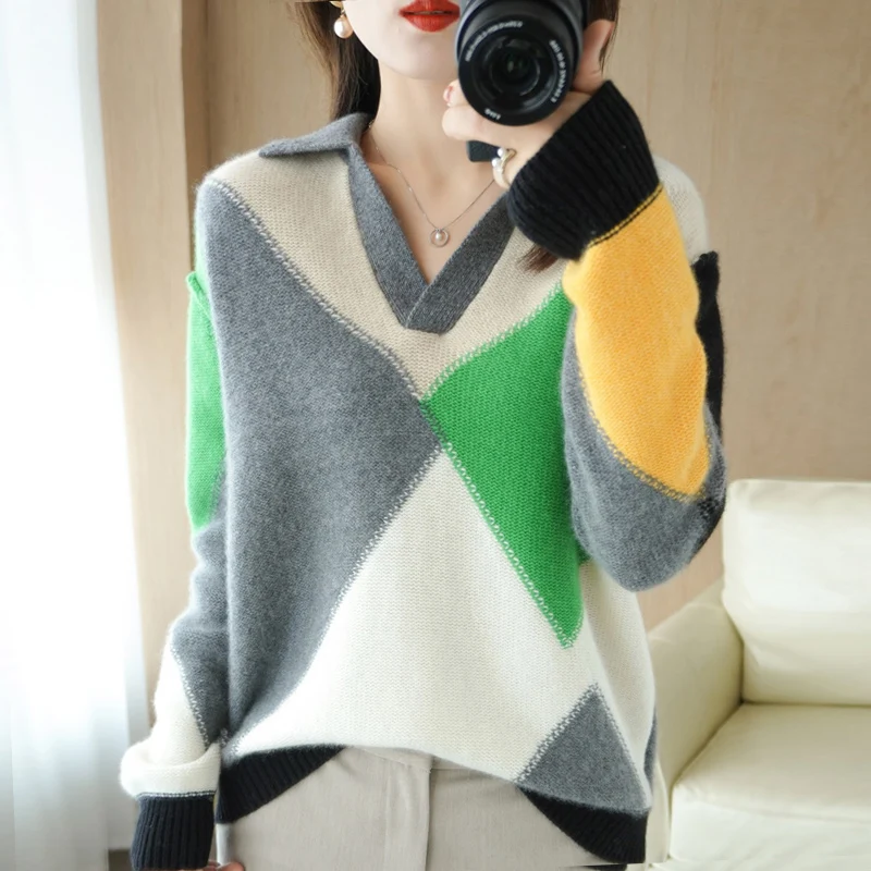 Autumn And Winter 2022 New Long Sleeve Knitwear Simple Commuter V-Neck Color Contrast Loose Fashion Versatile Sweater Top Women