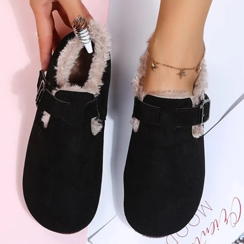 Купи Winter Flat Keep Warm Women's Shoes Home Fashion Buckle Design Outdoor Comfort Loafers Solid Color Fluffy Casual Ladies Shoes за 839 рублей в магазине AliExpress