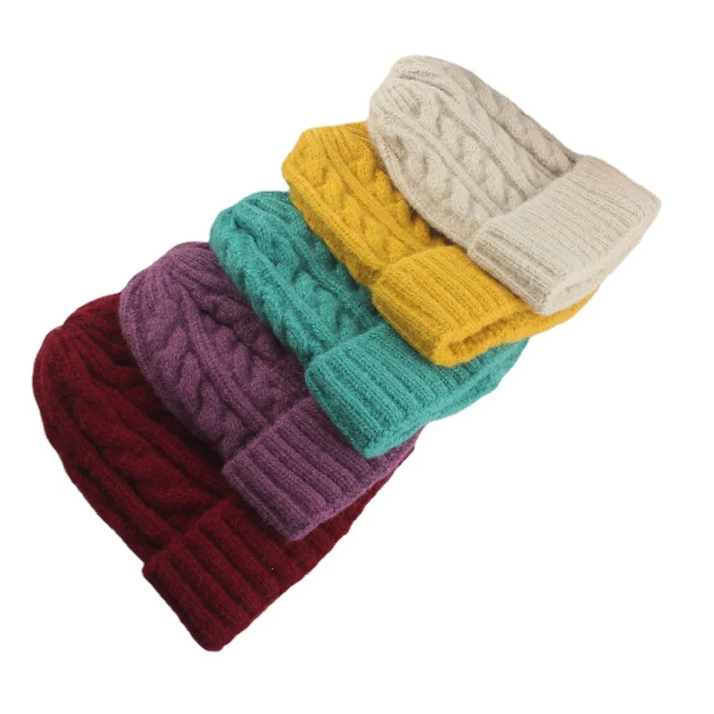 

Twist Knitted Wool Cap Autumn Winter Hat Female Solid Color Head Hood Adult Casual Thickened Pullover Bonnet Hat Designer Beanie
