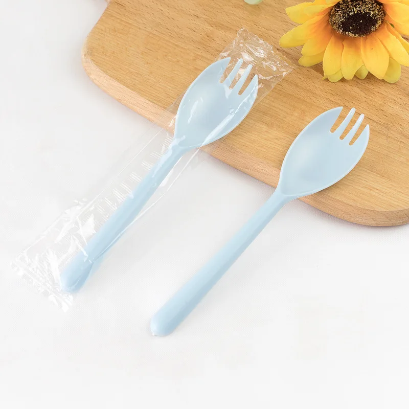 

500pcs Disposable Three-teeth Long Handle Spoon and Fork Plastic Individually Packaged Spoon Commercial Take Away Sala Tableware