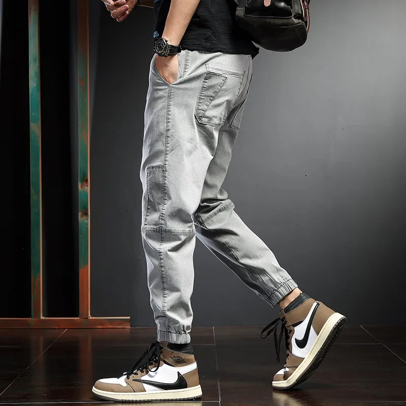 Fashion Jeans Men Pencil Pants Summer Black Patchwork Baggy Jean Streetwear Hip Hop Elastic Waist Drawstring Denim Trousers