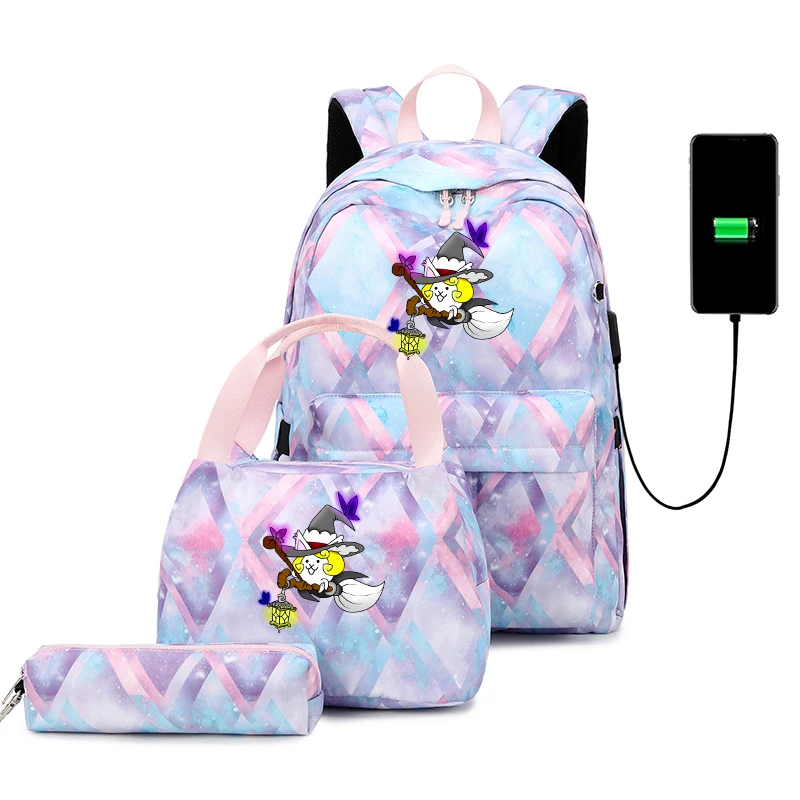 

3pcs/set The Battle Cats School Bags For Teenager Boys Girls Game USB Charging Travel Backpack Mochila Student Book Bag Set