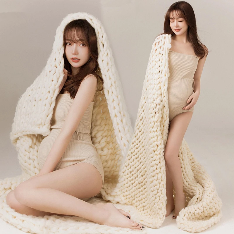 Women Photography Props Maternity Dresses Pregnancy Elegant Dress Bodysuits Knitted Blanket Studio Photoshoot Clothes