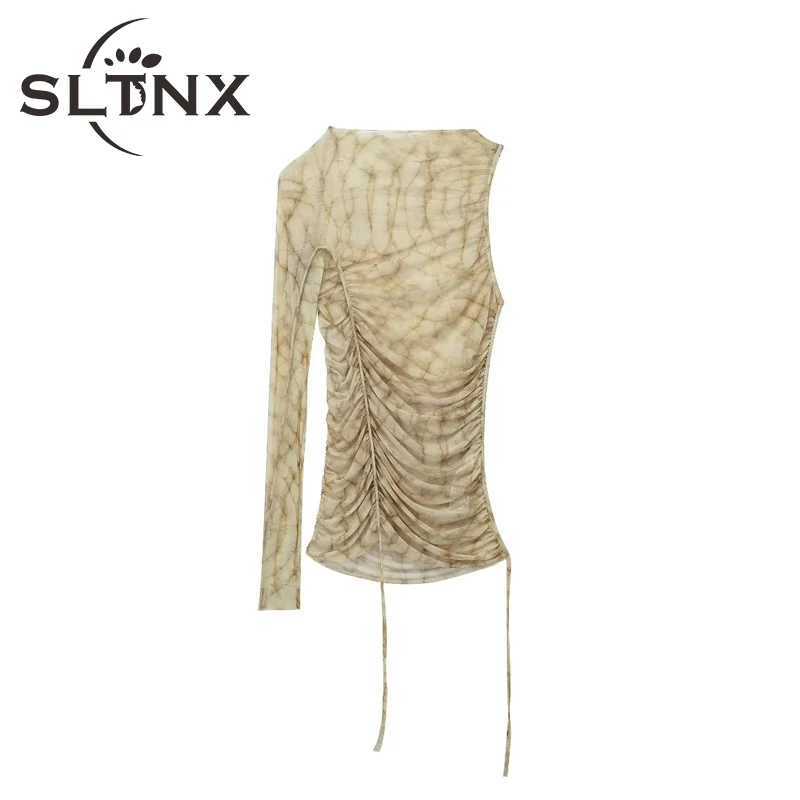 

SLTNX 2023 Asymmetrical Women Print Mesh Tops Female O-Neck Long Sleeve Casual Top with Folds Decoration Ladies Chic Summer Top