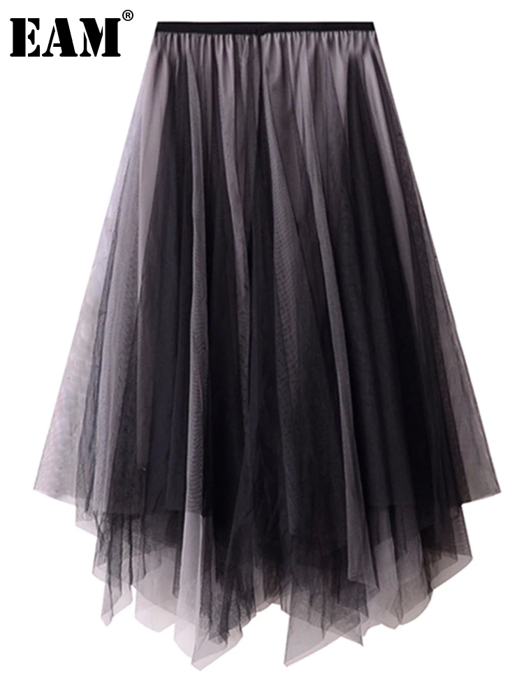 

[EAM] High Elastic Waist Black Gray Mesh Irregular Holiday Half-body Skirt Women Fashion Tide New Spring Summer 2022 1DE0857