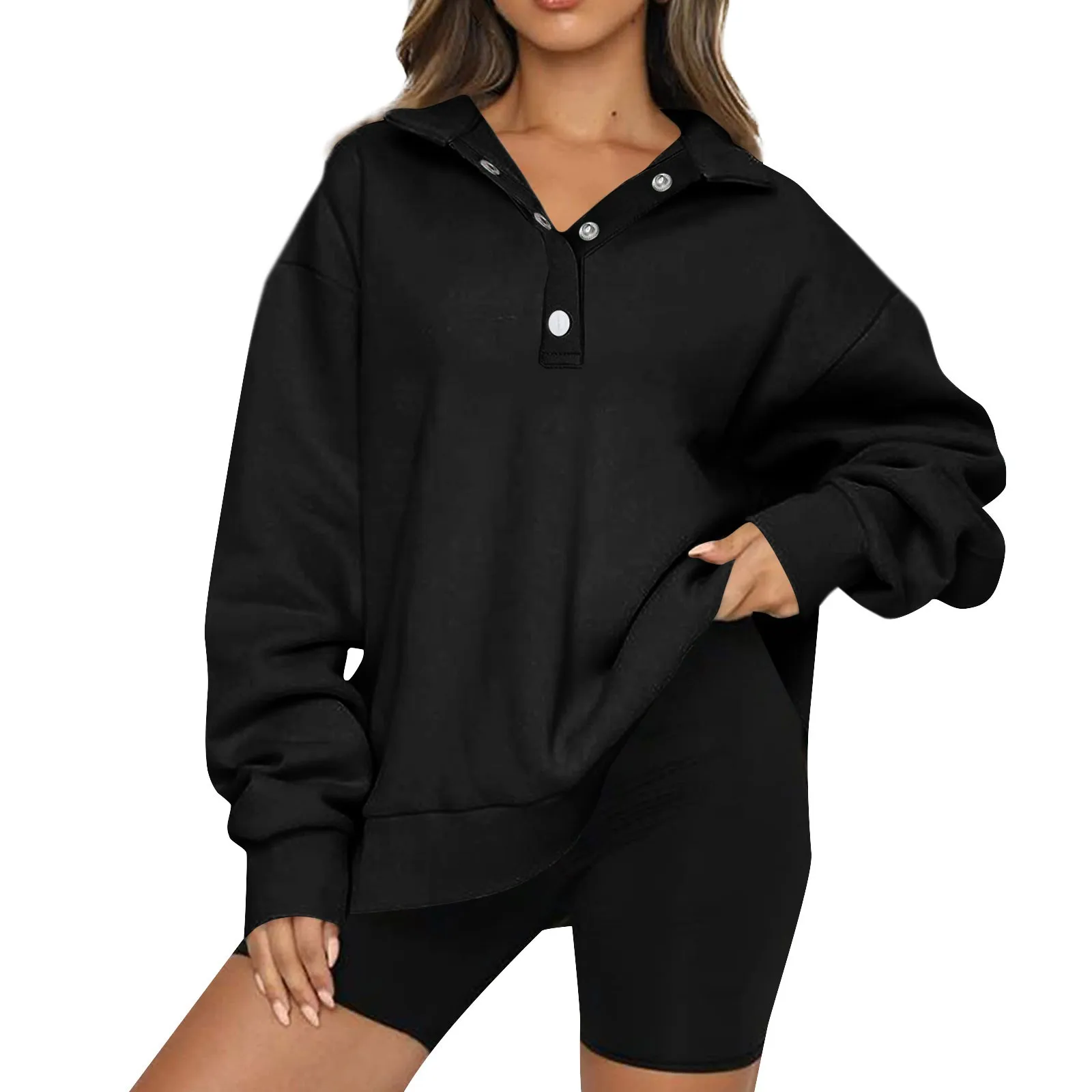 

Women'S Button Solid Color Pullover Tops Casual Long Sleeve Sweatshirts Korean Stlye Solid Basic Slim Hoodie Women Harajuku Y2k