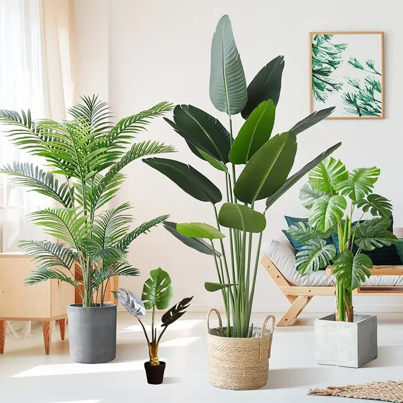 

Green Artificial Home Palm Plastic Tropical Leaves Fake For Garden Decor Monstera Branches 60-95cm Large Office Tree Plants Room