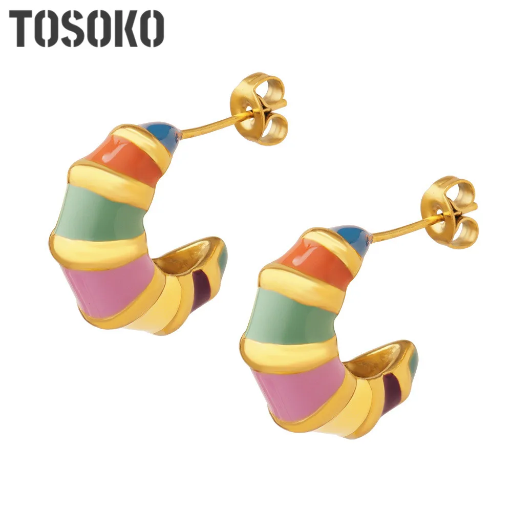 

TOSOKO Stainless Steel Jewelry Striped Enamel Oil Drop Color Geometric Contrast Earrings Women's Fashion Earrings BSF680