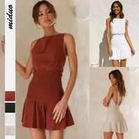 dress solid color women fitted backless sexy dress summer new ruffle short skirt european and american fashion
