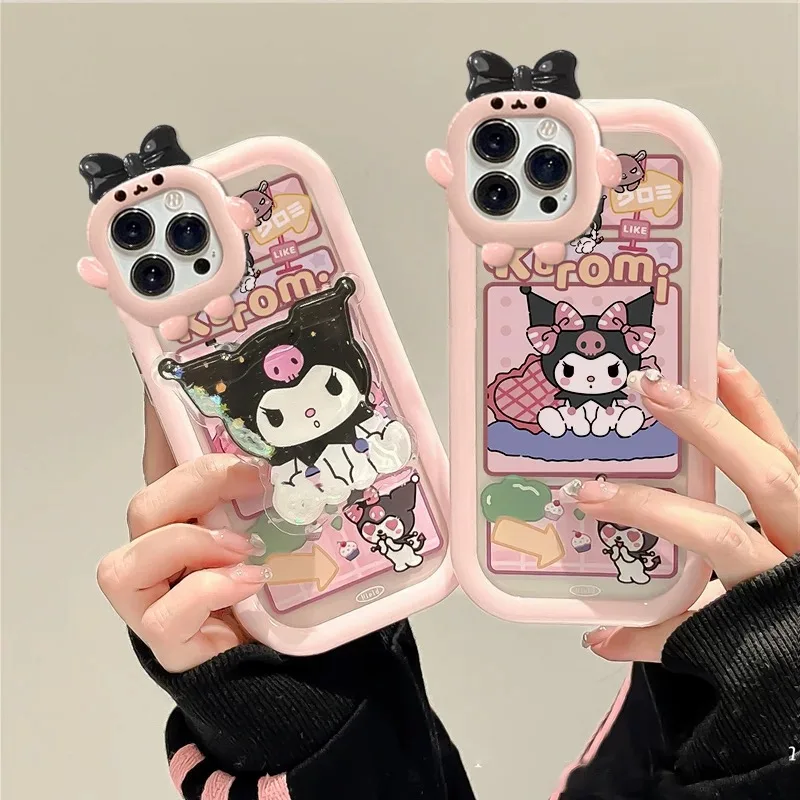Чехол Kawaii Kuromi Quicksand Bracket Little Monster Lens для OPPO Realme 8i 9i 10 11 Pro Plus C21 C33 C35 C55 4G 5G RENO 4 5 6 7