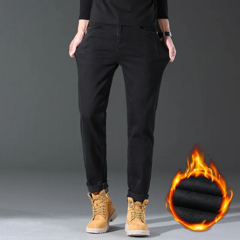 Осень-зима мужские флисовые джинсы больших размеров эластичные брюки-карандаш