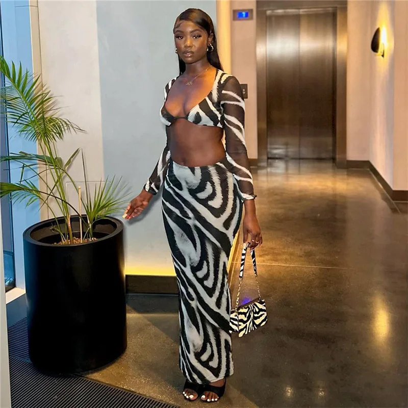 

Черно-белый укороченный топ с принтом зебры Aniow, рубашка с длинным рукавом, длинная юбка, элегантный сексуальный комплект с юбкой для ночного клуба, комплект из 2 предметов