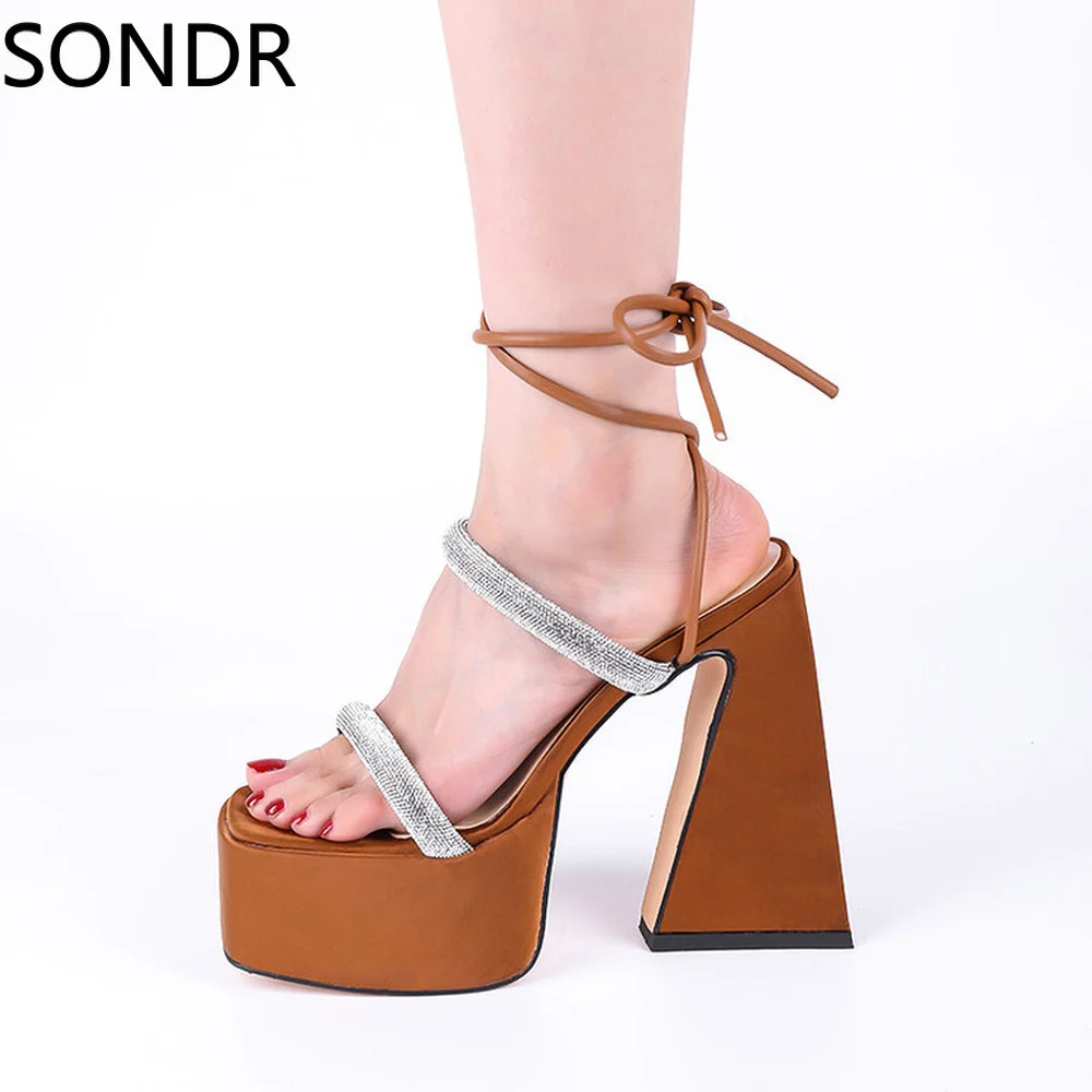 

Womens Peep Toe Platform Rhinestones Super 15CM High Heel S-straps Sandals Shoes Sexy Summer Gladiator Roman New 2022