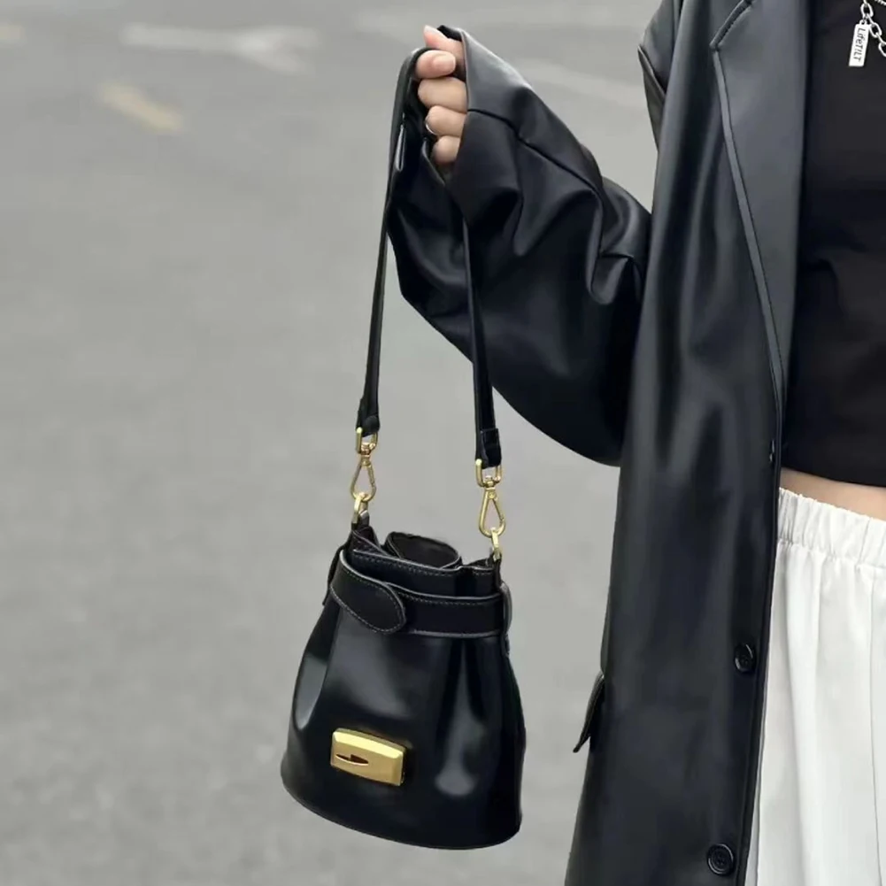 

Women Bucket Bag Solid Color Mini Sling Bag Detachable Strap Crossbody Purse PU Leather Soft Daily Outdoor Bag