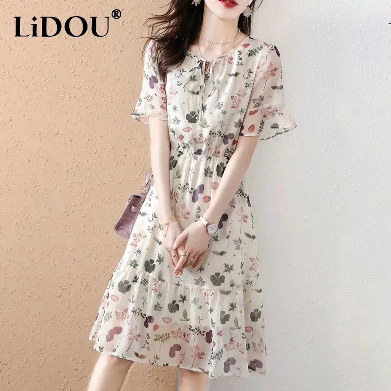 

2023 Summer New Floral Printed Sweet Chiffon Vestidos Ladies Flare Short Sleeve Waist Lace Up Robe Women's Casual Fashion Dress