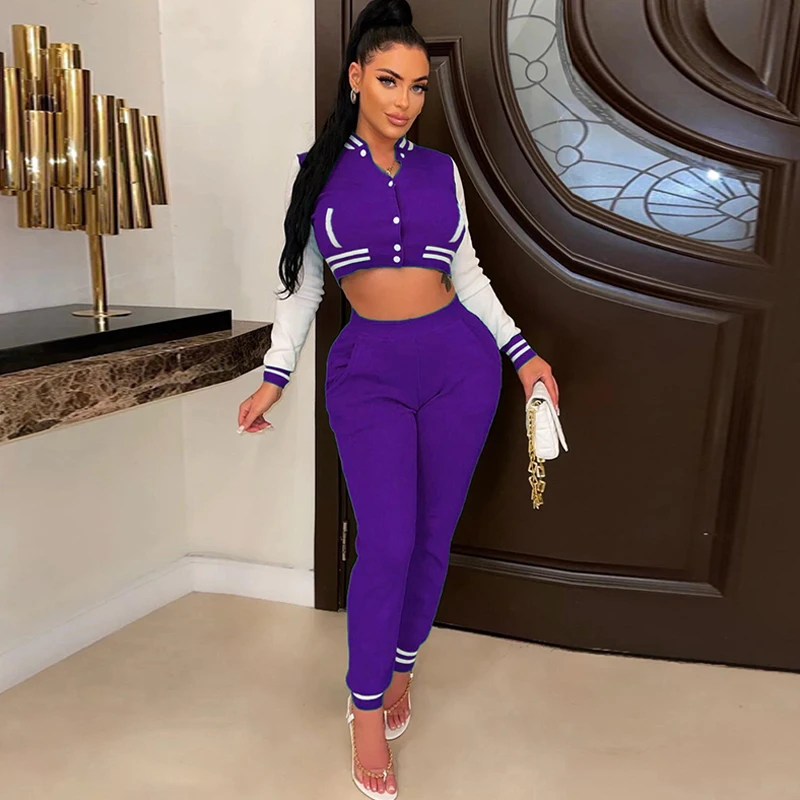 

Fall Patchwork Baseball Matching Set Sweatsuits For Women Long Sleeve Crop Top Black Legging Pants Sets Casual Street Wholesale