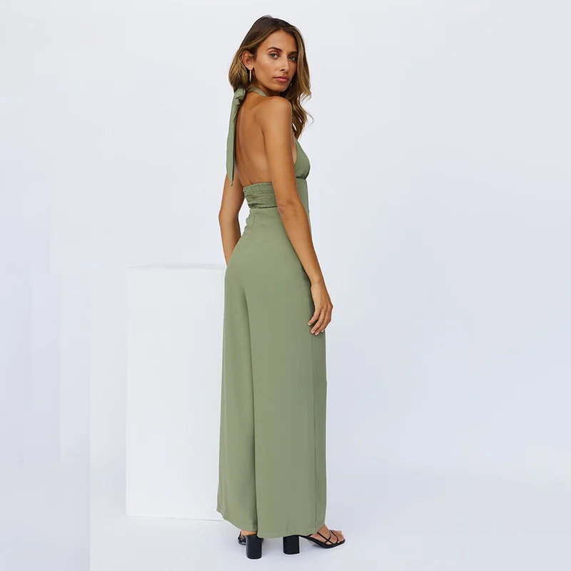 Backless Halter Sleeveless Wide Leg Long Pants Jumpsuit Green Casual Elastic Waist Sold Summer Beach Overalls Femme