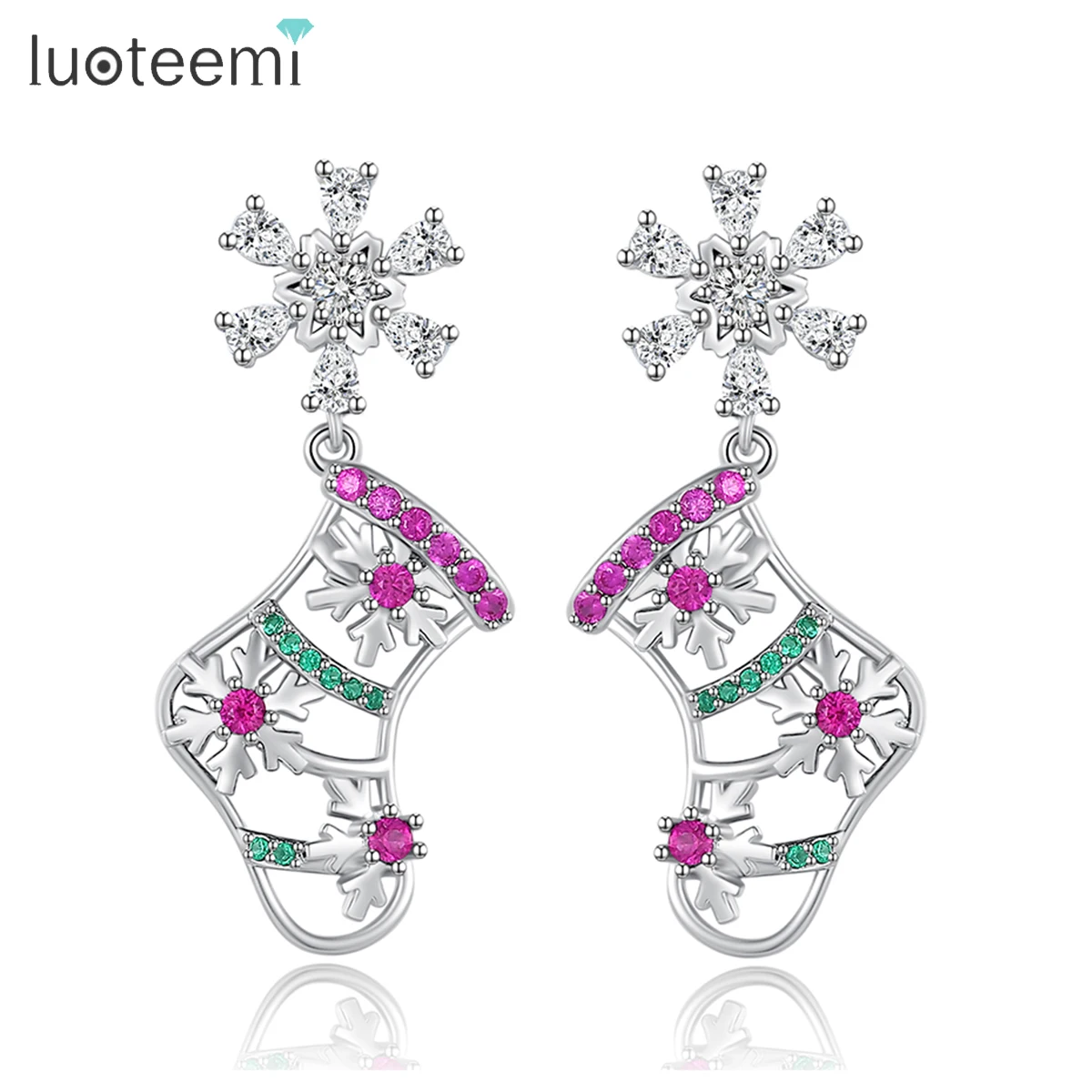

LUOTEEMI Cute Rainbow Cubic Zirconia Christmas Stocking Shape Drop Earrings for Kids Snowflake CZ Girl Party Jewelry for Friend