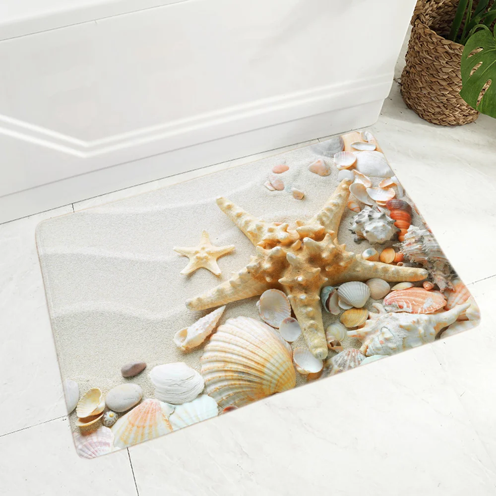 

Entrance Bathroom Carpet Anti Slip Washable 3D Rug Mat Women Slipper Blue Beach Starfish Scenery Mat bedside Area Rugs