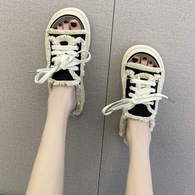 Fashion canvas women's slippers 2022 new summer outer wear fairy style thick bottom lace-up sandals