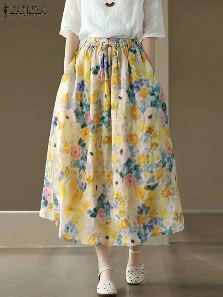 

ZANZEA Bohemian Women Jupe High Waist Casual Falda Cotton Linen Drawstring Midi Skirt Holiday Floral Print Vintage A-line Skirts