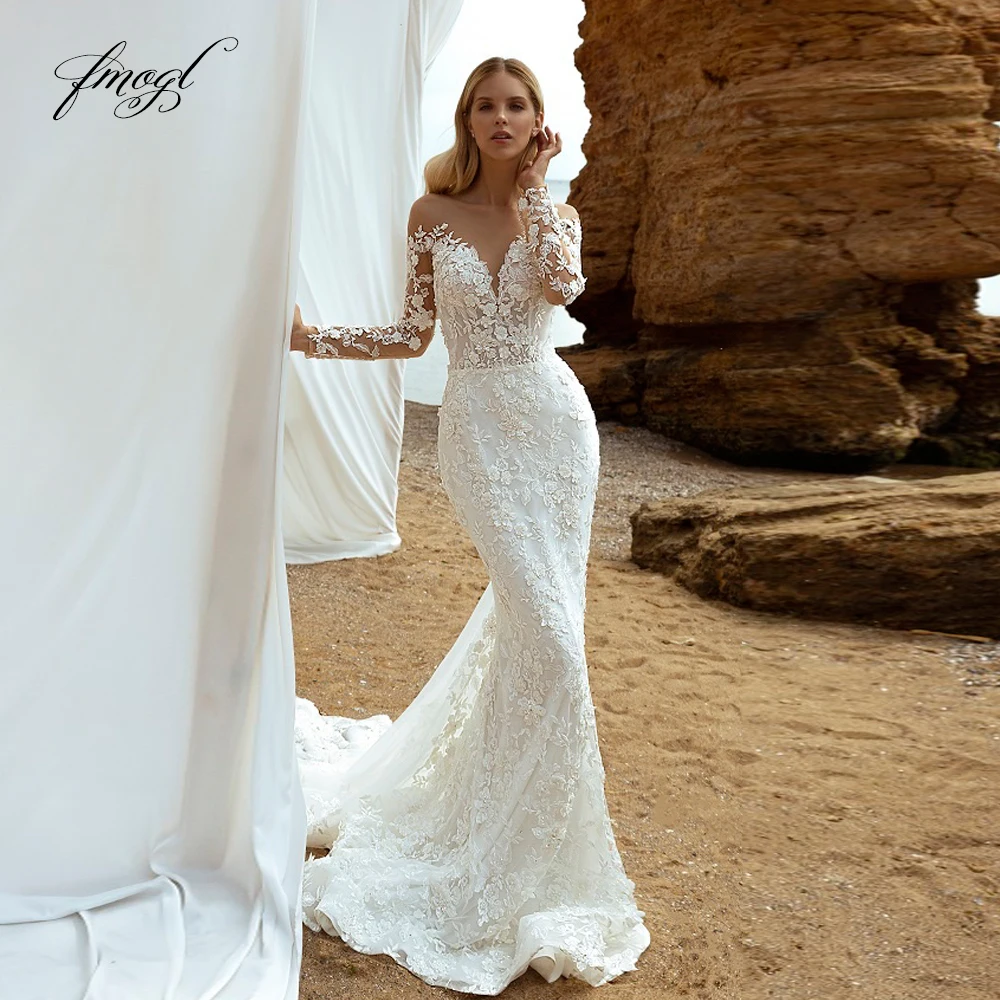 

Женское свадебное платье с юбкой годе Fmogl, винтажное платье со съемным шлейфом и длинным рукавом