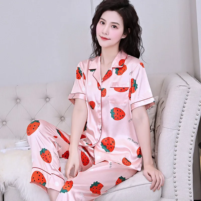 Ice Silk Pajamas Women's Summer Short Sleeved Trousers Poplin Thin Suit Cardigan Spring And Autumn Sexy Home Clothes Pajama Suit