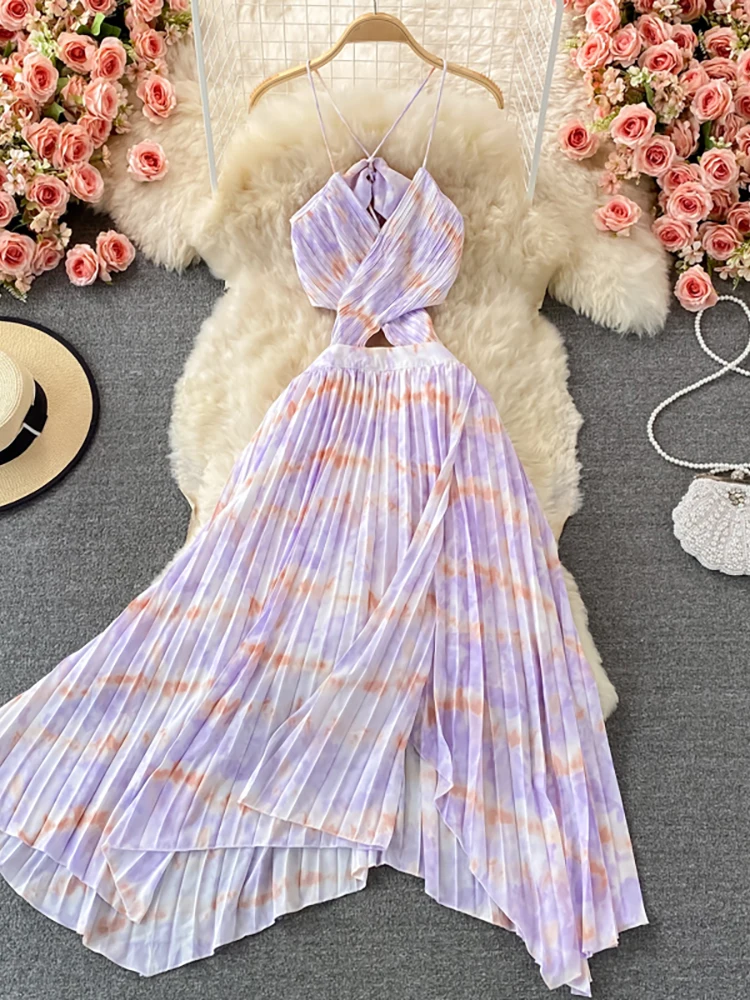 

Summer Purple/Pink/Yellow Hollow Out Irregular Pleated Midi Dress Women Sexy Beach Vacation Party Tie Dye Draped Robe 2022 New