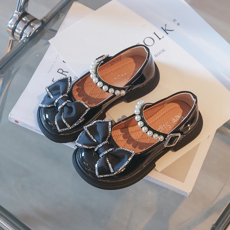 

Kid Pearl Buckle Shoes Girl Patent Leather Kowknot Princess Shoes 2022 Autumn Child Leather School Uniform Flat Shoe 23-36