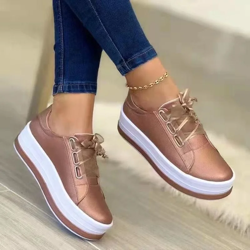 

Spring and Autumn New Women's Shoes Comfortable Flat Casual Shoes Lace-up Walking Running Shoes Thick-soled Non-slip Sneakers