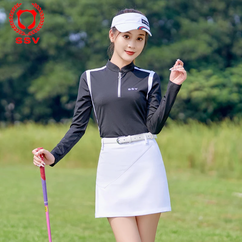 SSV Golf Women's Long-sleeved Zip Shirt Ladies Golf Short Skirt Slim Blouse Top Golf Suit Korea Autumn Spring Golf Ladies Wear