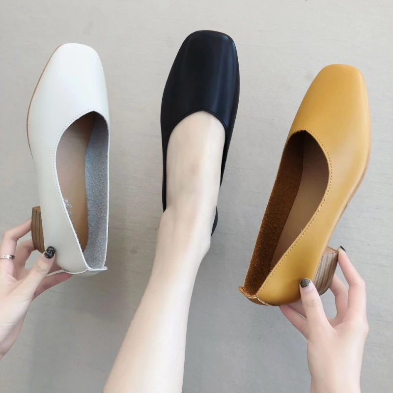

Korean Version Solid Color Summer Autumn Shallow Mouth Middle Heel Doudou Shoes Women Soft Leather Thick Heel Work Shoes Women