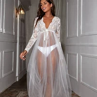 sexy sleepwear long gowns sleep tops lingerie femme womens nightie see through lace sexy night dress v neck mesh nightgown