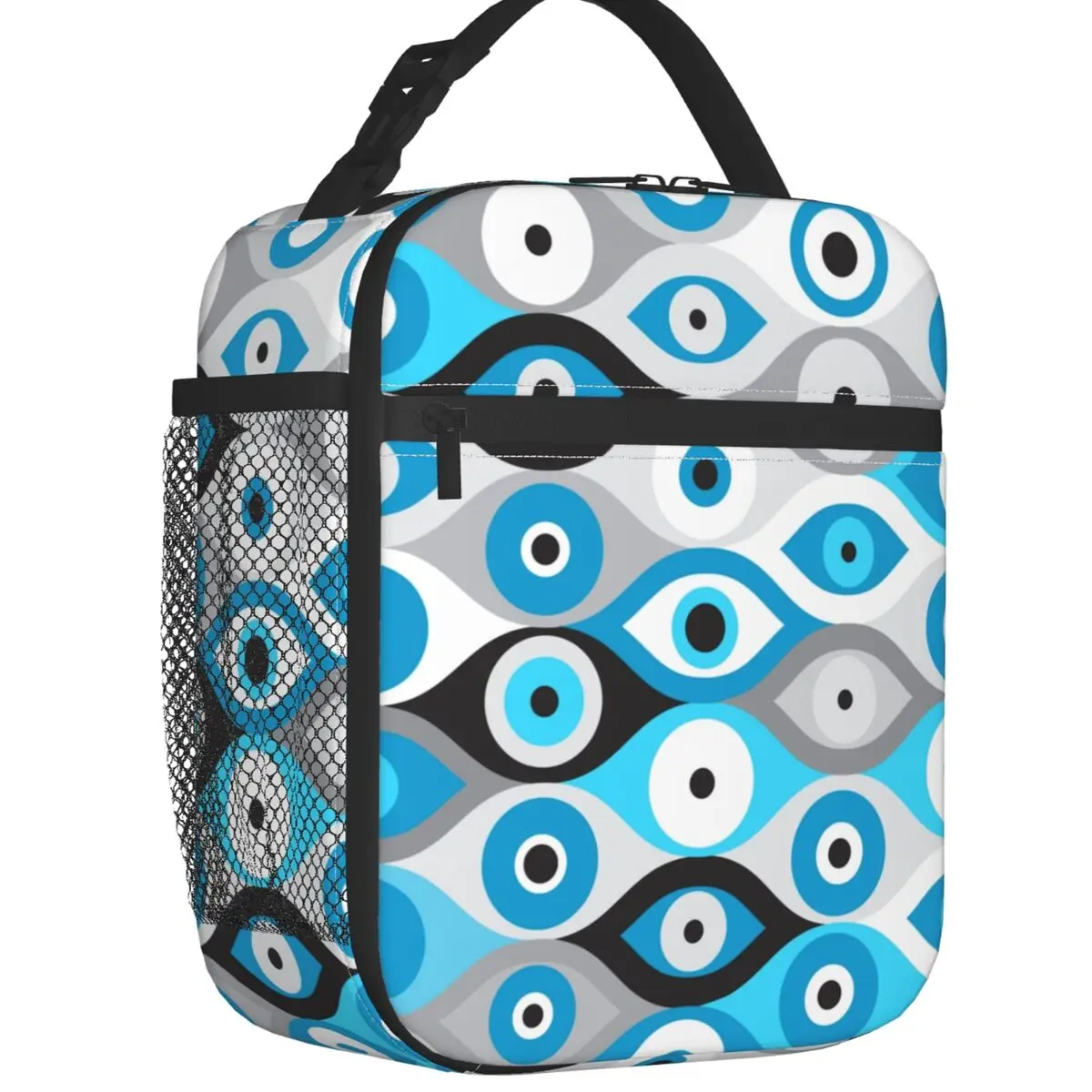 Greek Evil Eye Pattern Blues And Greys Insulated Lunch Tote Bag Nazar Amulet Boho Portable Thermal Cooler Food Lunch Box School