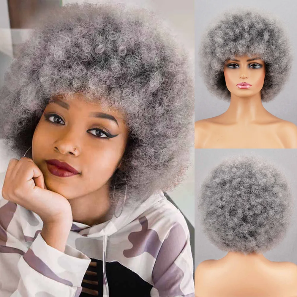 

Gray High Puff Afro Wig Short Kinky Curly Wig With Bangs Black Natural Ombre Synthetic Hair For Women Party Female Bob Wigs