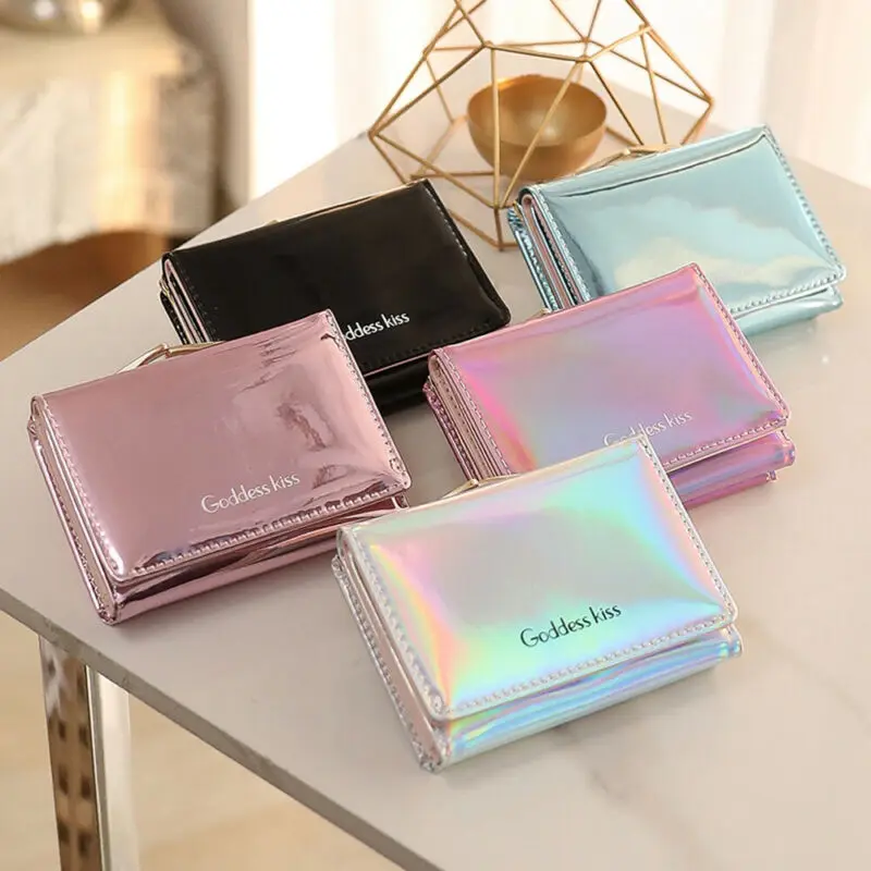 

2022 Newest Women Short Small Coin Purse Wallet Ladies Leather Folding Card Card Holder Laser Colorful Coin Purses