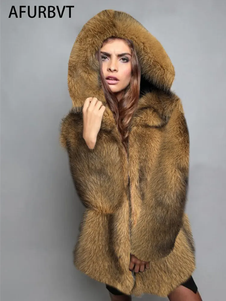 Thick Hooded Warm Faux Fur Coat Long Sleeve Furry Long Jacket Winter Fashion Women Faux Fur Coat Outerwear Overcoat