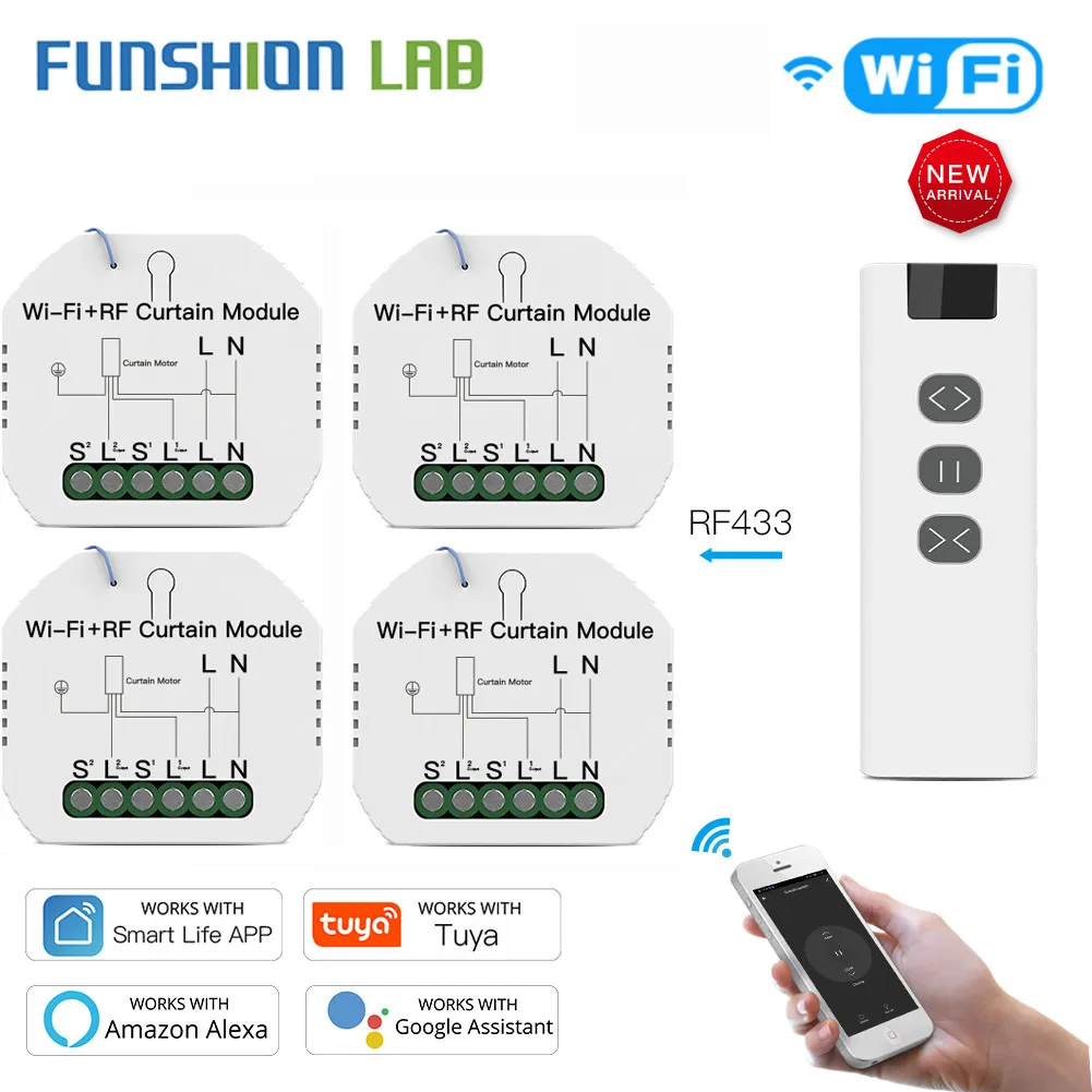 Переключатель для штор Funshion Wi-Fi RF433 электрических рулонных солнцезащитных Tuya Smart