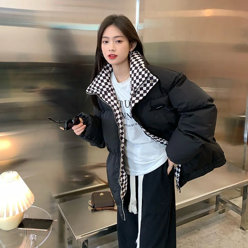 Winter Down Cotton Plaids Jackets Women Fashion Solid Thick Warm Collar Zipper Padded Parka Coat 2022 New Loose Outerwear Female