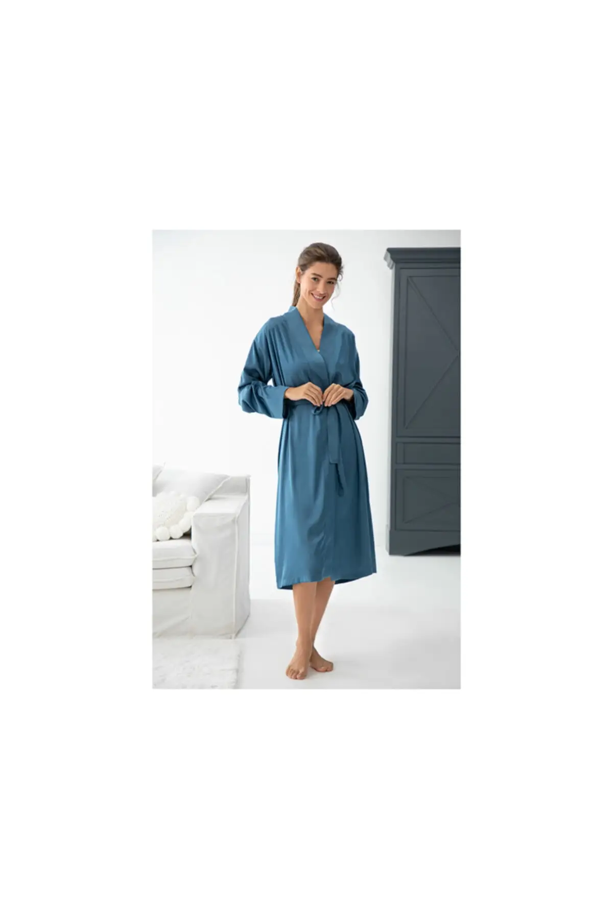 

Dressing Gown Soft Touch Silk Satin M Blue Fashion Robe Robe Robe Robe Sexy Peignoir Kimono Bride Sleepwear Night Gown
