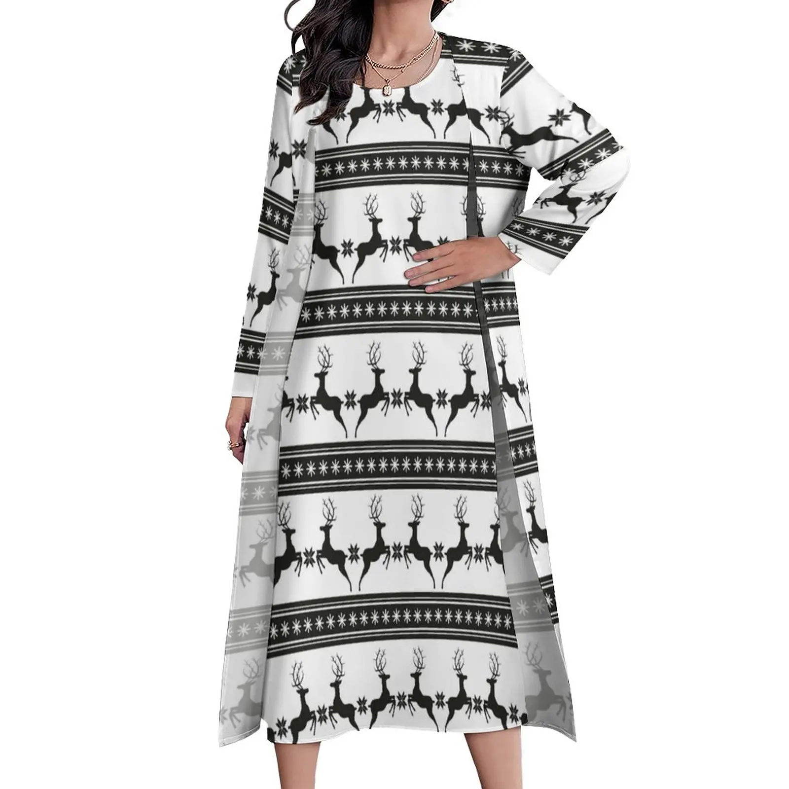 

Christmas Nordic Animal Dress Spring Vintage Deer Print Aesthetic Boho Beach Long Dresses Women Graphic Vintage Maxi Dress