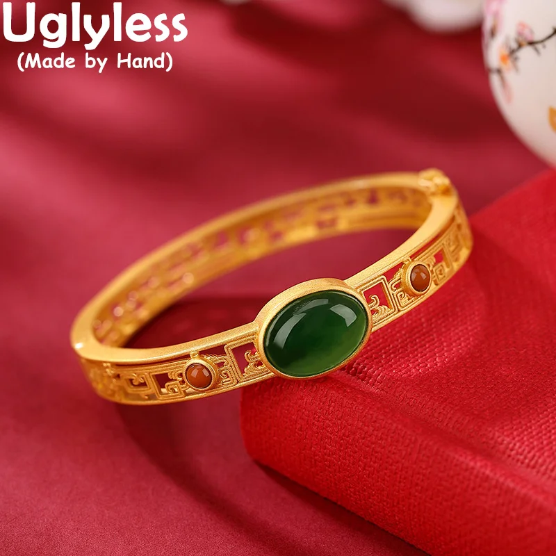 

Uglyless Natural Gemstones Jasper Bangles for Women Luxury Palace Designed Jewelry Real 925 Sterling Silver Hollow Bangles Agate