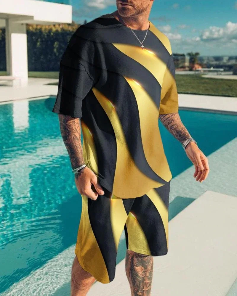 

Summer Clothes Fashion Man Sportswear Oversized 3D Printed Gold Print Man Shirt Tracksuits Outfit Streetwear Men's Two Piece Set
