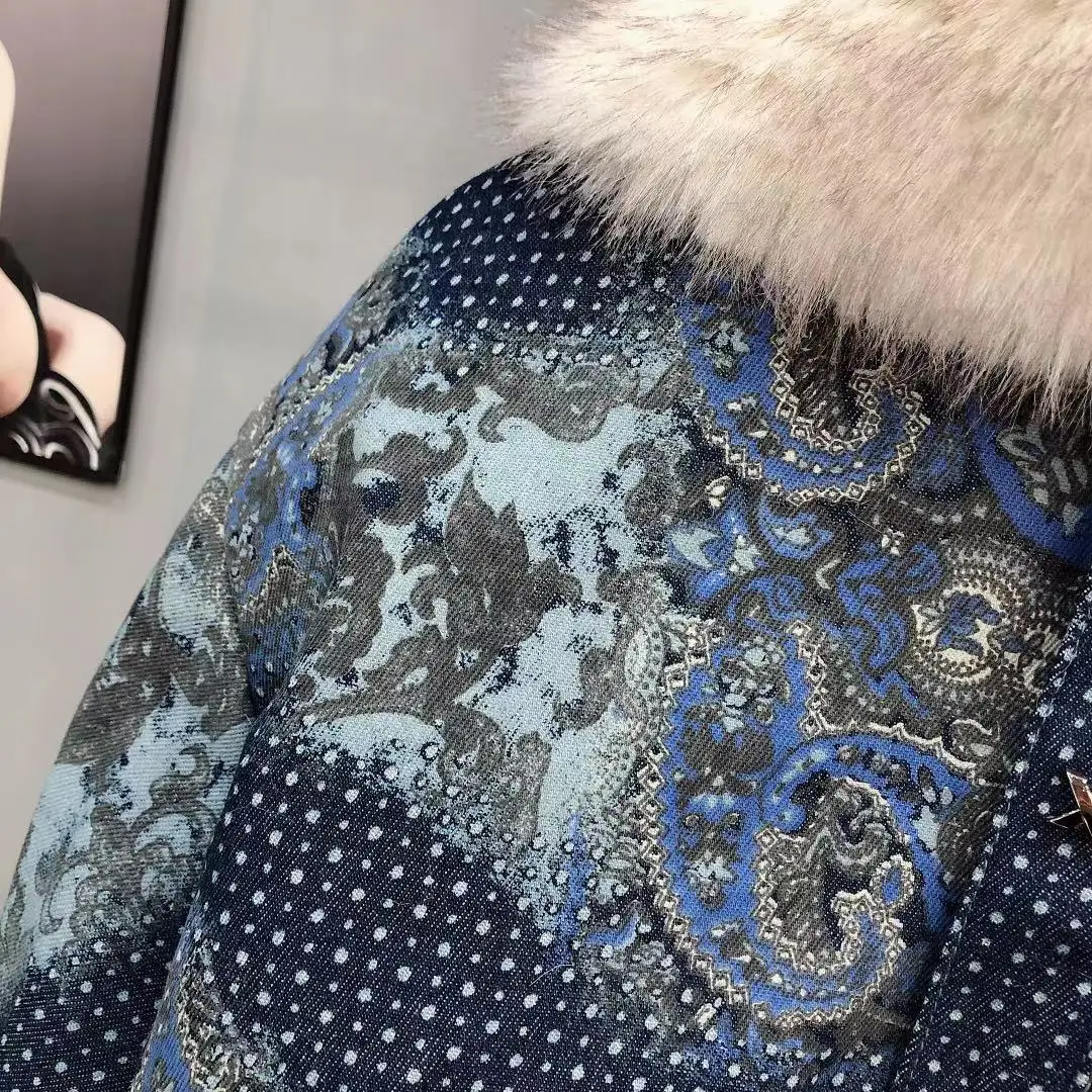 Roupas Femininas 2022 Winter Korean Fashion Woman Blue Denim Stitching Mid-length Fur  Jackets Elegant Loose Fur Overcoat Femme