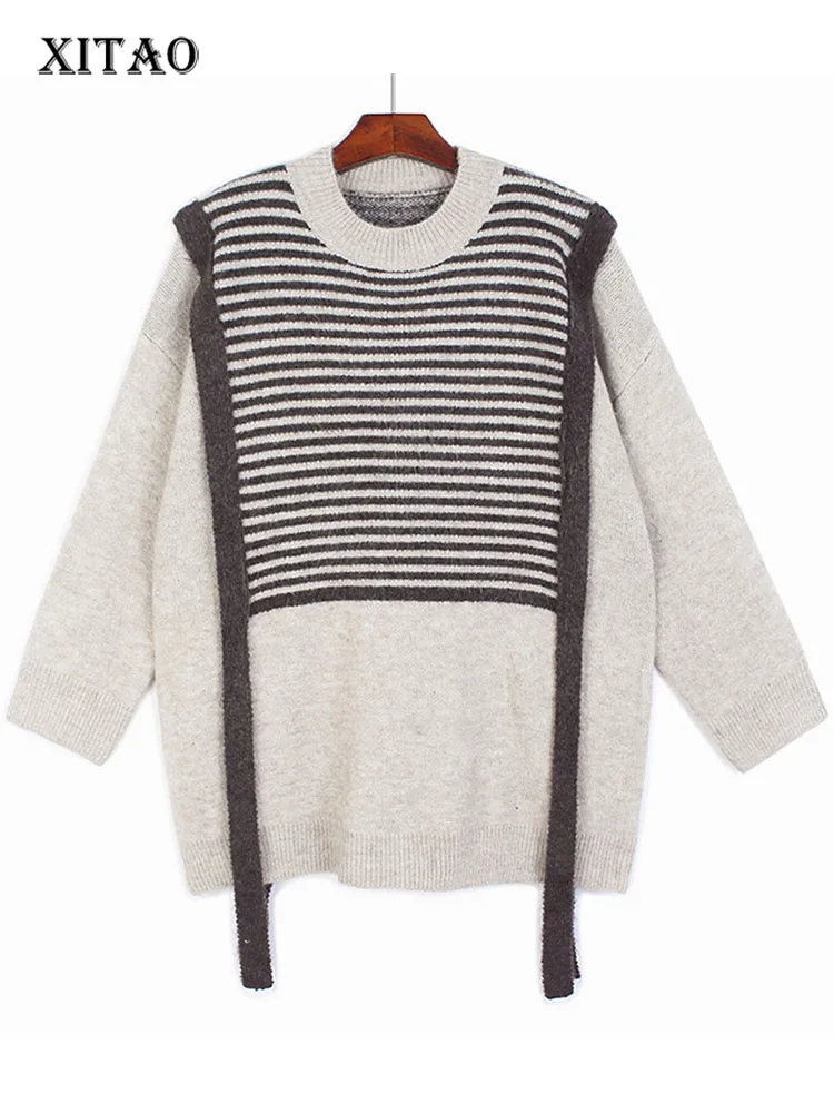 

XITAO/полосатый свитер, пуловер из двух частей, длинный рукав, в стиле пэчворк, маленький, свежий, повседневный стиль, свободный, 2022, осенний сви...
