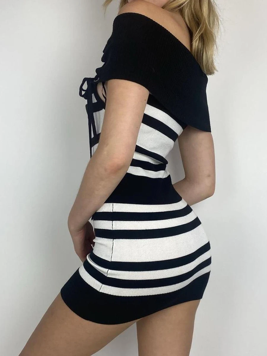 

Women Striped Knit Off-Shoulder Bodycon Dress with Boat Neckline and Tie-Up Detail - Stylish Summer Party Clubwear Slim-Fit