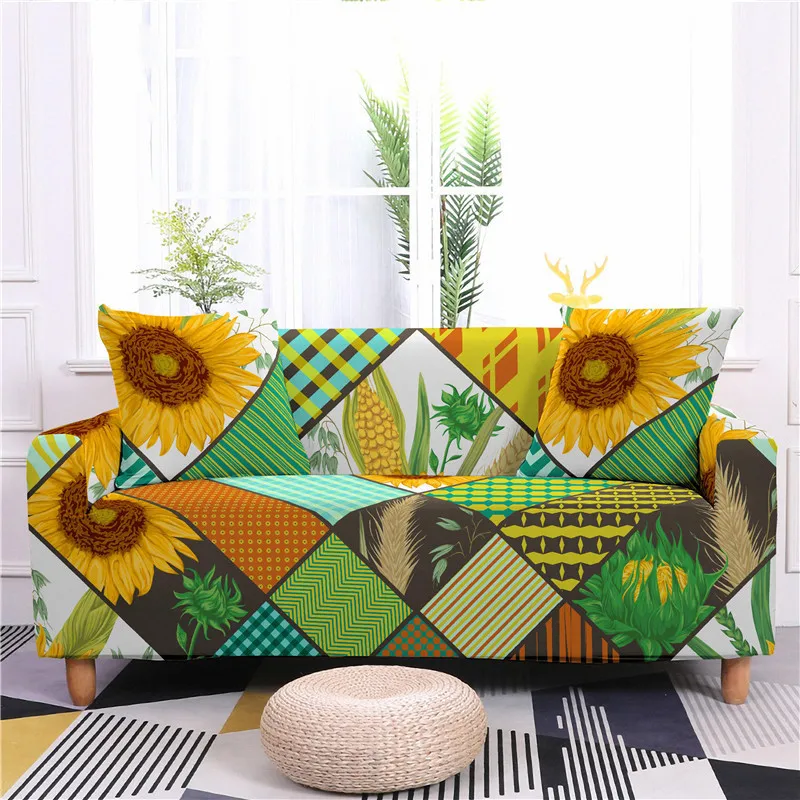 

Sunflower Pattern Print Big Sofas Geometric Spandex Material Elastic All-inclusive Sofa Covers Living Room Modular Sofa Cover