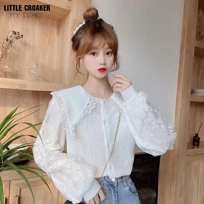 

Vintage Elegant White Lace Stand Collar Ladies Shirts Blusas Feminine 2022 New Spring Sweet Chic Ruffles Long Sleeve Blouses Top